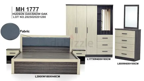 Brand New Bedroom Set: Bed, Wardrobe  Dresser in Hudson Oak/Snow Oak (MH1777)