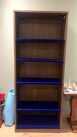 WOOD BOOKSHELF WITH DARK BLUE SHELVES and MULTICOLOR LIGHTS