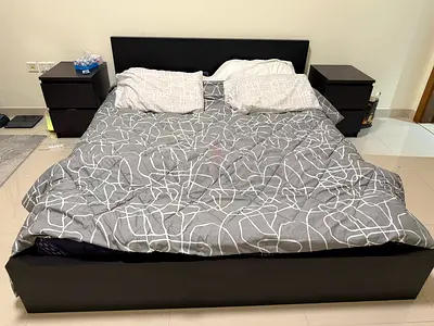 King size bed frame with headboard and two bedside tables - dark wood