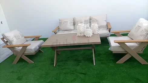 5seater outdoor patio sofa set with table - beige wooden-look