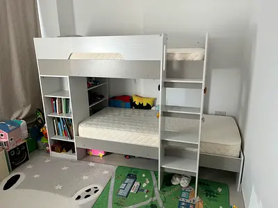 White Wooden Kids Bunk Bed, with mattresses and built-in shelves, very good condition