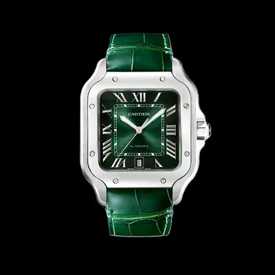 Cartier Santos Automatic Green Dial Leather Strap Watch
