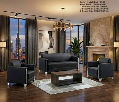 Black PU Leather 3-Seater Sofa Set with 2 Armchairs - Modern Kiwi Model