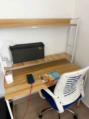Compact study desk with shelving and ergonomic chair - light wood