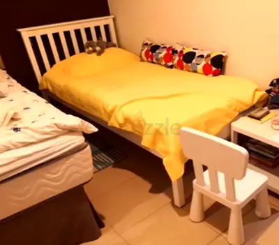 Single bed with mattress. Wood.