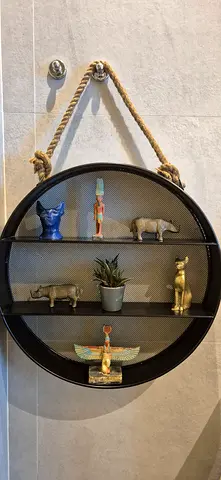 Round Hanging Wall Shelf with Rope – Black Metal, 3-Tier Display