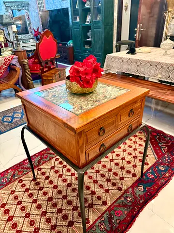 Marina Vintage Wooden Side Table with Drawers on Metal Legs