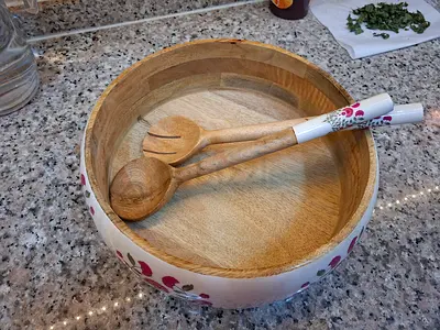 Wooden Salad Bowl with Matching Serving Spoons - Good Condition