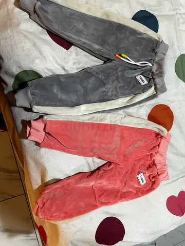 Pair of soft fleece baby jogger pants - grey pink, size 2 - 3 years girls