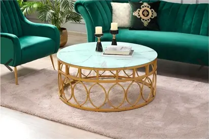 Round Marble-Top Gold Metal Coffee Table