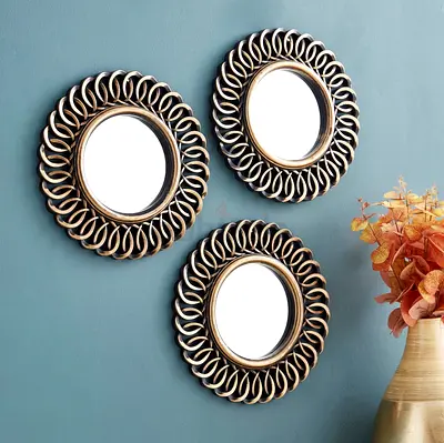 Set of 3 Decorative Round Wall Mirrors with Ornate Gold-Black Frames