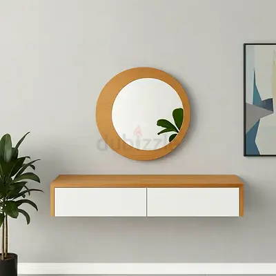 Wall-mounted floating console with round mirror - modern wood white