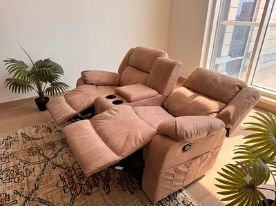 Lazy Boy Style Recliner Sofa With Console, Beige Fabric, Like New,