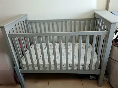Grey Wooden Baby Crib with Mattress - Good Condition