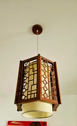 Wooden Geometric Pendant Ceiling Light with Fabric Shade