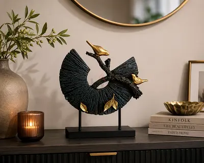 Decorative Bird Sculpture on Stand - Black  Gold Table Ornament
