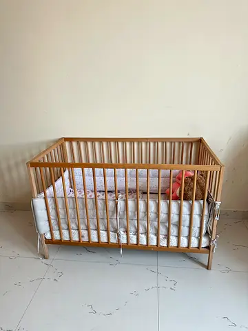 IKEA Adjustable Wooden Baby Crib + Mattress + Mesh Bumper Set