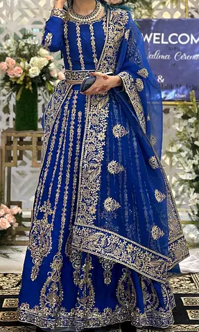 Blue Embroidered Traditional Floor-Length Dress with Dupatta
