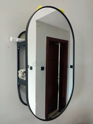 Oval Wall Mirror with Black Frame and Built-in Shelf
