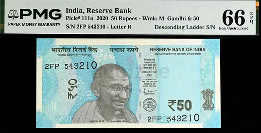 India, 50 Rupees Banknote, Descending Ladder S/N [543210] / 2020