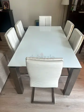 White Glass Dining Table with 6 White Leather Chairs - Modern Set