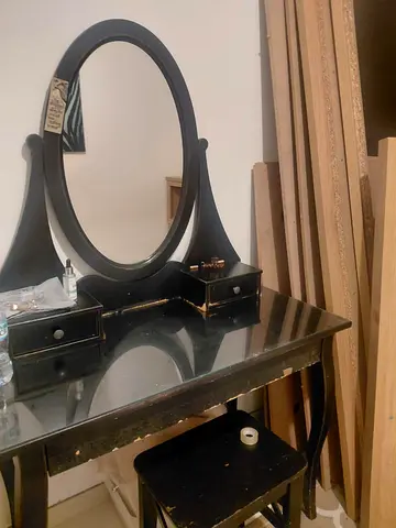 Black Wooden Dressing Table with Oval Mirror and Stool