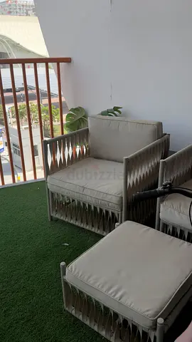 2 Outdoor woven armchair with ottoman - beige cushion set