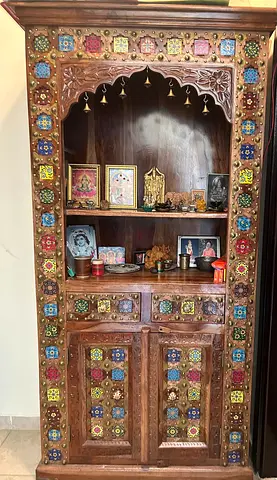 Ornate Wooden Pooja Mandir with Tile Work and Brass Accents
