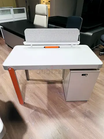 Modern white study/office desk with partition and lockable pedestal