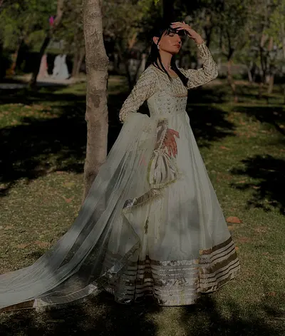 White and Gold Embroidered Anarkali Dress with Long Dupatta - Size S