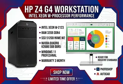 HP Z4 G4 WORKSTATION 32GB RAM DDR4 INTEL XEON W-2123 NVIDIA QUADRO K2000 2GB DDR5 SSD DRIVE 512GB