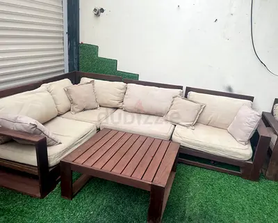 Wooden L-shaped Outdoor Sofa Set with Cushions and Coffee Table