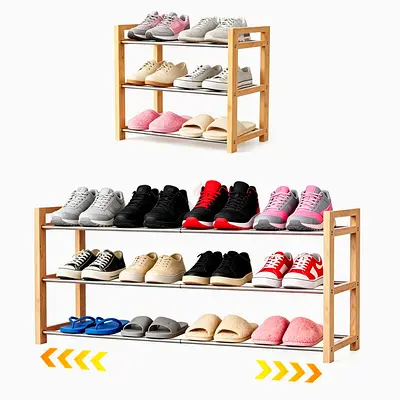 Expandable Wooden 3-Tier Shoe Rack | Oak Finish | Holds 6–12 Pairs | Top Condition