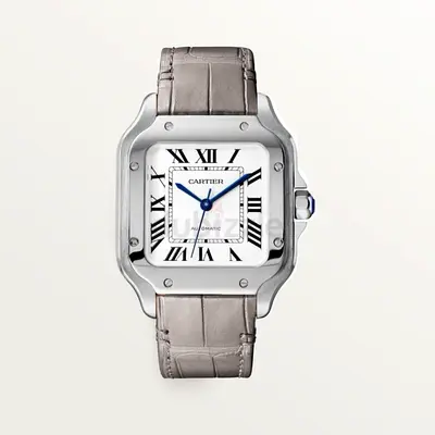 Cartier-style mens automatic watch with leather strap