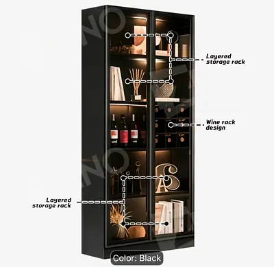 Black Display Cabinet with Wine Rack and Glass Doors