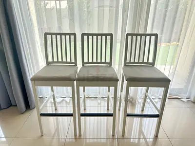 Set of 3 White Bar Stools with Cushioned Seats, Good Condition