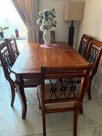 Solid Wood Dining Table with 6 Chairs - Classic Dark Finish