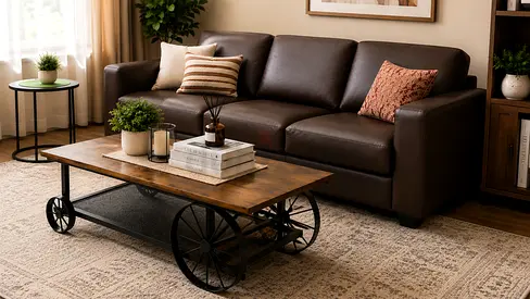 Industrial Rustic Coffee Table with Metal Wagon Wheels  Storage Shelf – Excellent Condition