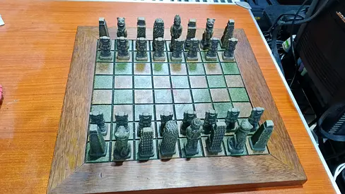 Rare vintage Mexican Mayan or Aztec themed carved chess set for sale