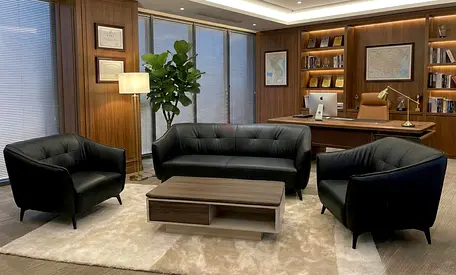 Black Leather Sofa Set - 3-Seater with Two Armchairs and Coffee Table