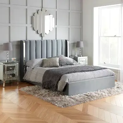 New Modern upholstered king bed with tall channel-tufted headboard - Grey