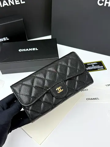 Chanel Black Quilted Caviar Leather Wallet with Gold CC