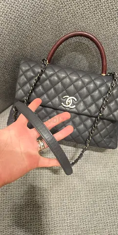 Authentic Chanel Coco handle bag grey gray marroon burgundy classic large