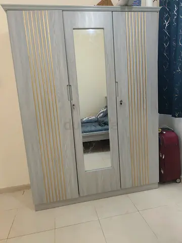 3-door Wardrobe with Mirror — Light Wood Finish, Good Condition