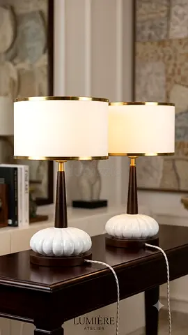 Pair of Table Lamps with White Ceramic Bases and Drum Shades