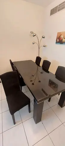 Large dining table with 8 chairs, black