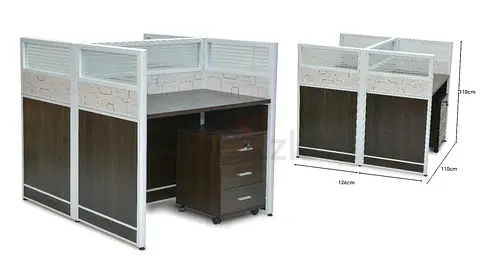 4-Person Office Workstation Cubicle with Mobile Pedestal - Dark Wood
