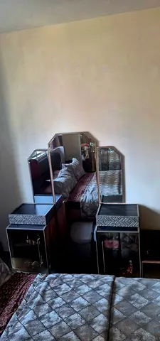 Vintage mirrored dressing table with side cabinets and tri-fold mirror
