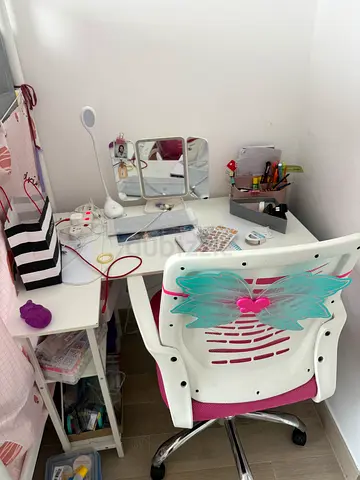 White Study Desk with Pink Accent Ergonomic Chair - Good Condition