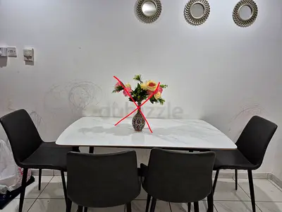 Moving Out Sale: Modern white marble-effect dining table with 4 grey chairs - very good condition